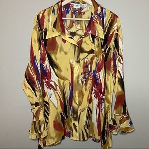 Cato Woman Blouse Top 26/28W Gold Blue Brown Tan Button Front Long Sleeve